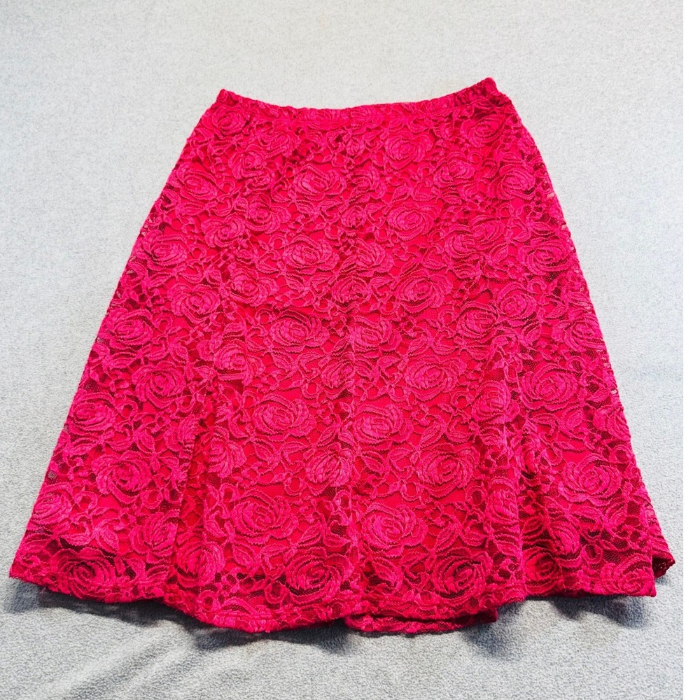 Perceptions Womens 12 Pink Floral Lace A Line Skirt Lined Stretch Midi Fuchsia